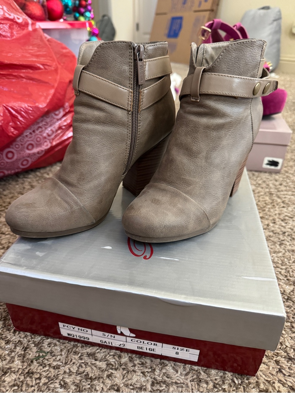 Breckelles Taupe Beige Ankle Booties with Stacked Heel